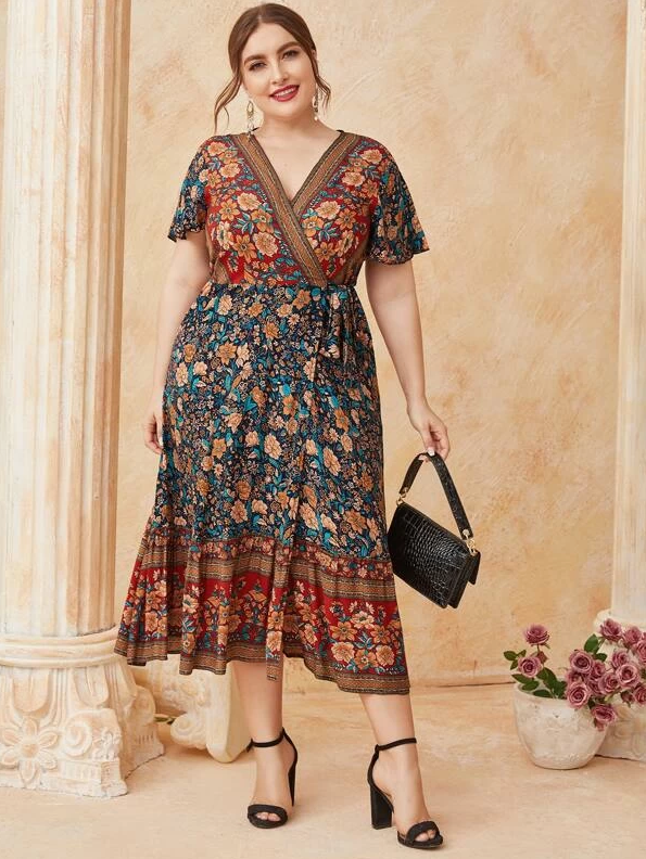 Plus Size Boho Print Long Wrap Maxi Dress - Boho Buys