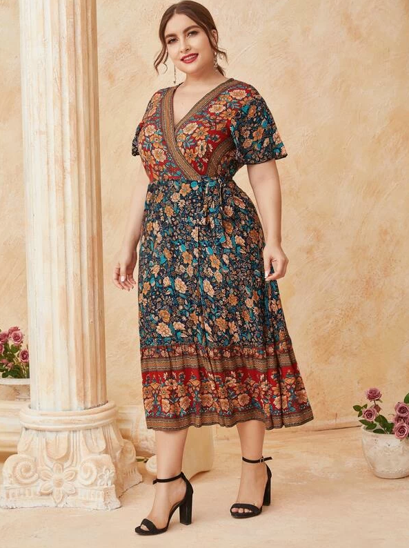 Plus Size Boho Print Long Wrap Maxi Dress - Boho Buys