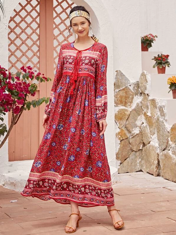 Red Floral Midi Dress - Boho Buys