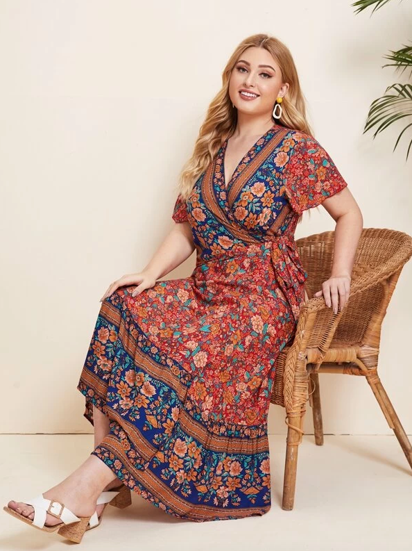 Plus Size Boho Print Red Long Wrap Maxi Dress - Boho Buys