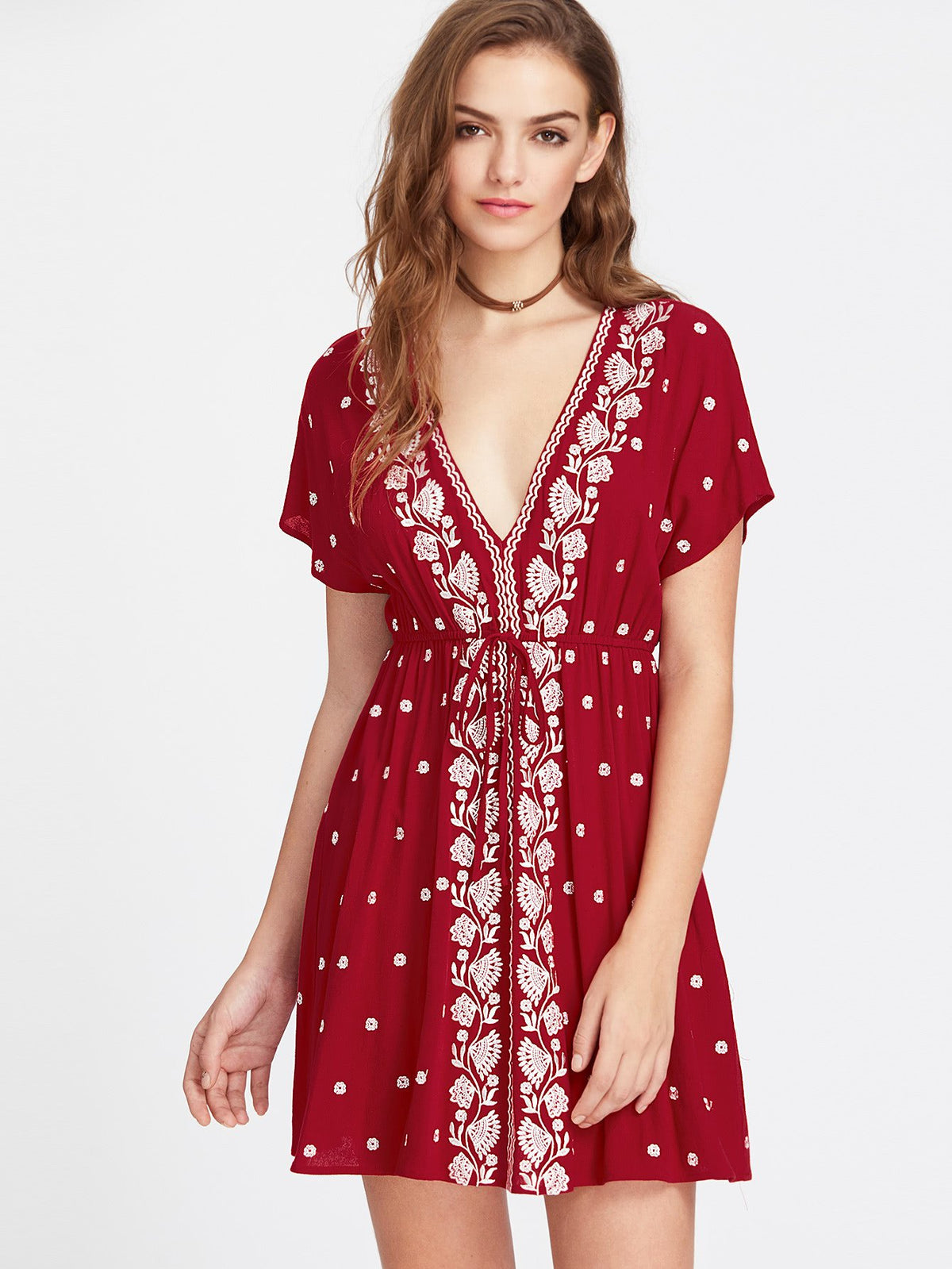 Red Embroidered Dress - Boho Buys