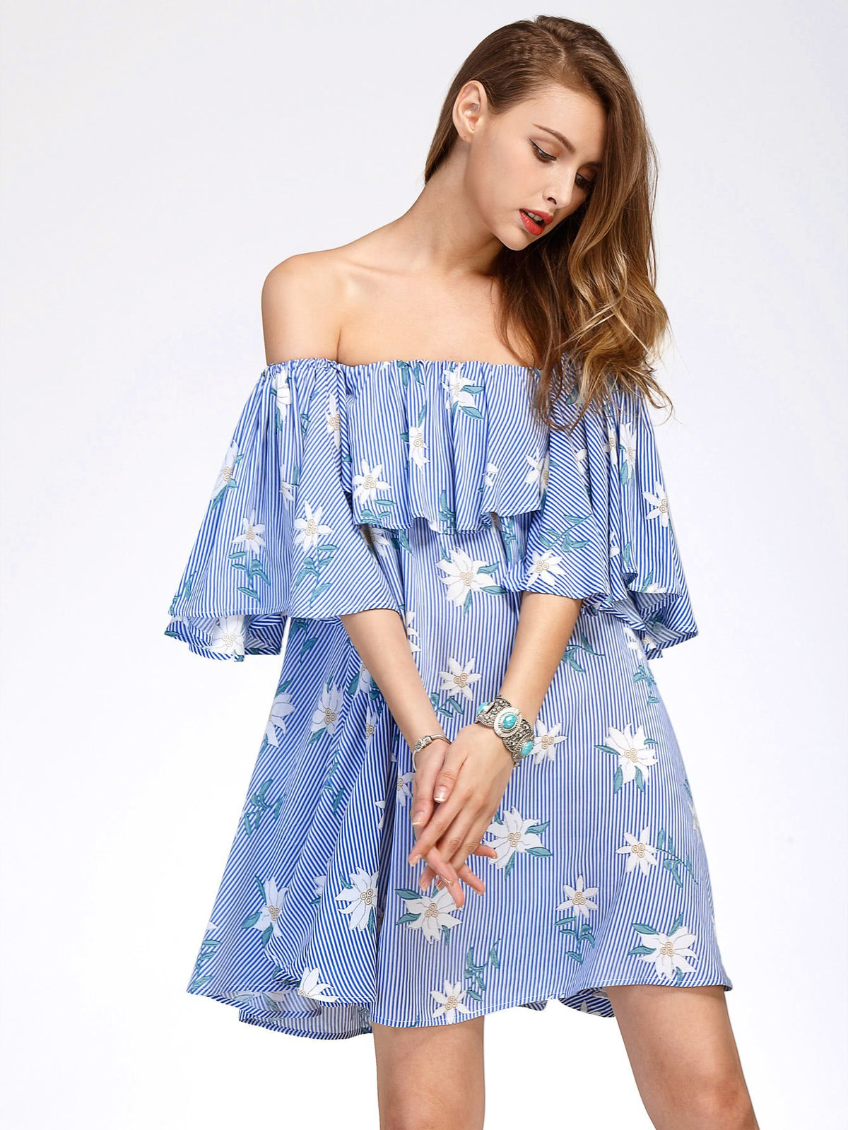 Blue Stripe Floral Dress - Boho Buys