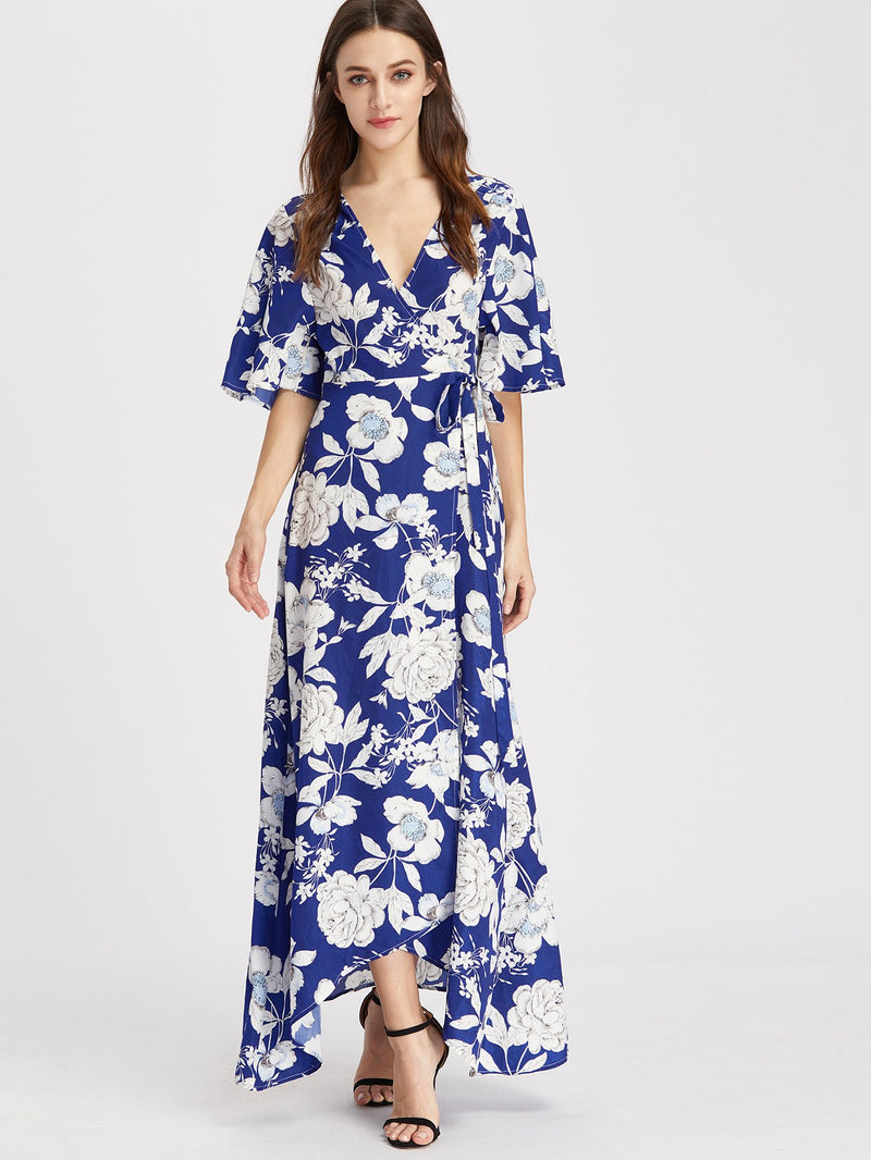 Blue And White Wrap Maxi Dress - Boho Buys