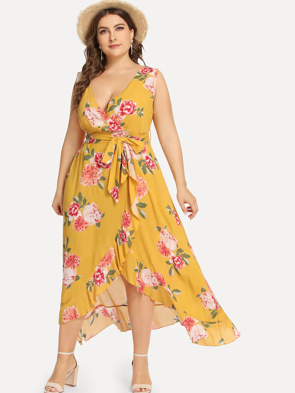 Plus Sized Yellow Floral Wrap Maxi Dress - Boho Buys
