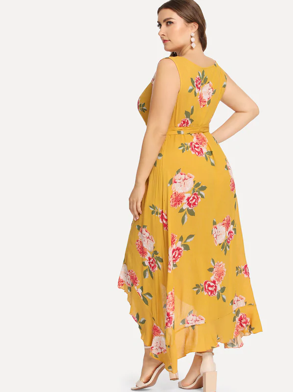 Plus Sized Yellow Floral Wrap Maxi Dress - Boho Buys