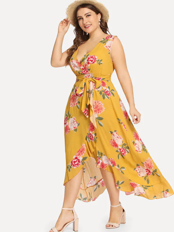 Plus Sized Yellow Floral Wrap Maxi Dress - Boho Buys