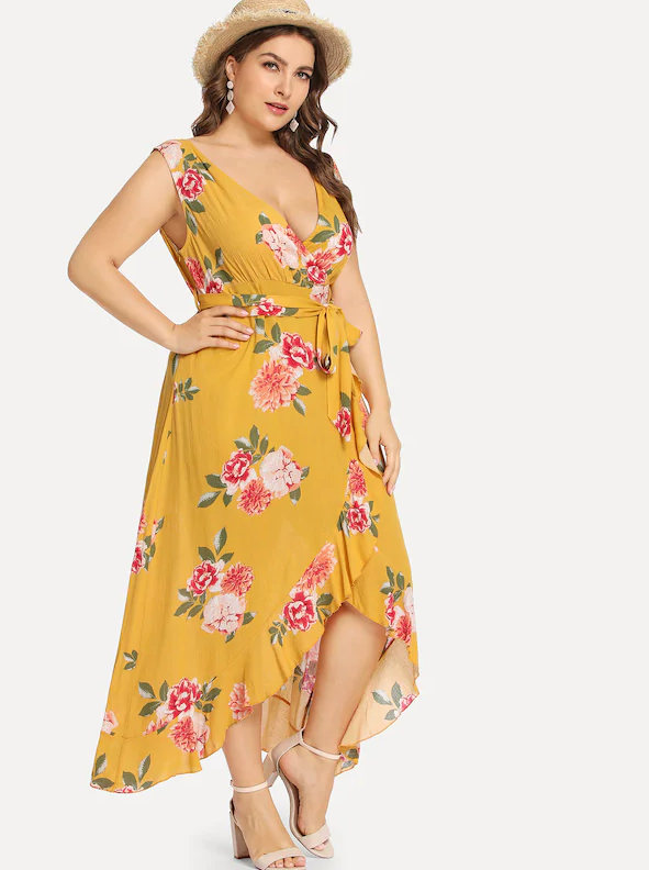 Plus Sized Yellow Floral Wrap Maxi Dress