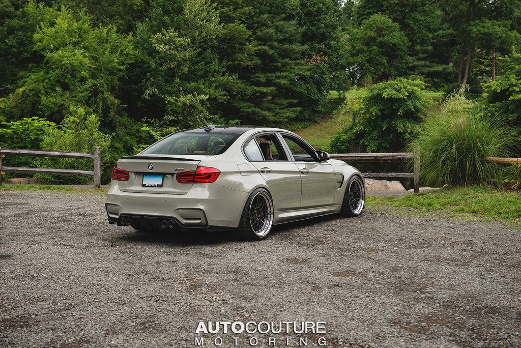 F80 M3 in Fashion Grey with a Vorsteiner Carbon Fiber Diffuser, Akrapovic Exhaust, on BBS LM Wheels, and lowered with a KW HAS Kit. 