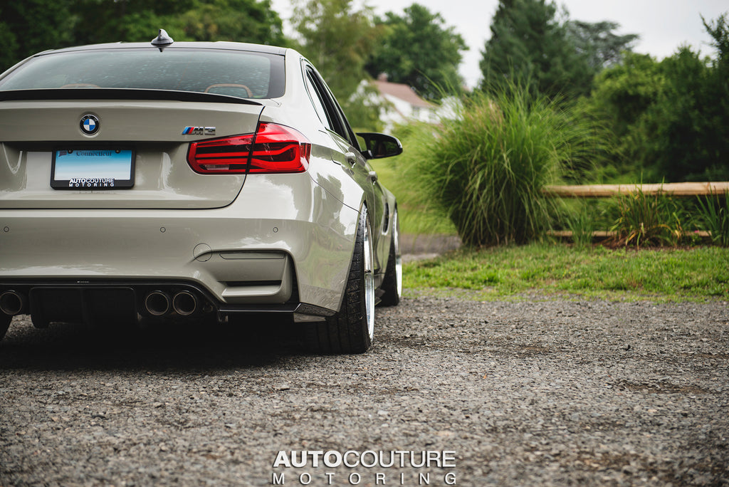 F80 M3 in Fashion Grey, Lowered on a KW HAS Kit, with BBS LM Wheels, an Akrapovic Exhaust, and a Vorsteiner Rear Carbon Fiber Diffuser.
