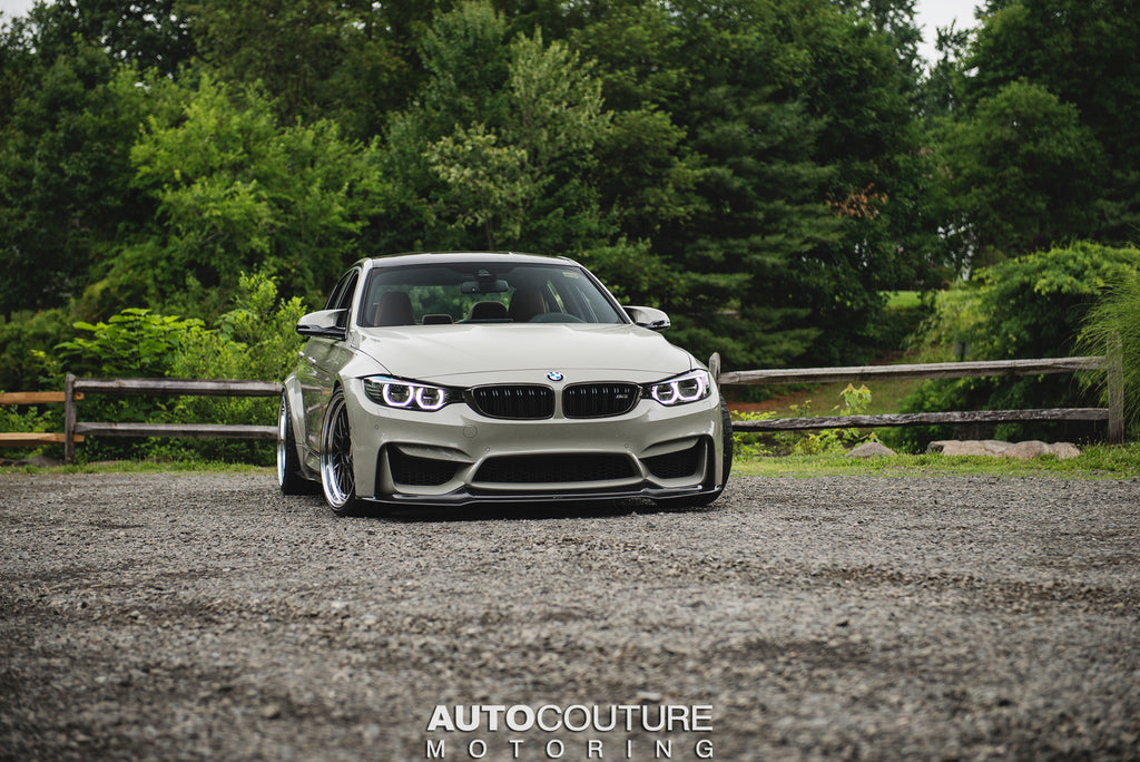 BMW F80 M3 in Fashion Grey lowered on a KW HAS Kit, with BBS LM Wheels, and a Vorsteiner Carbon Fiber Front Lip