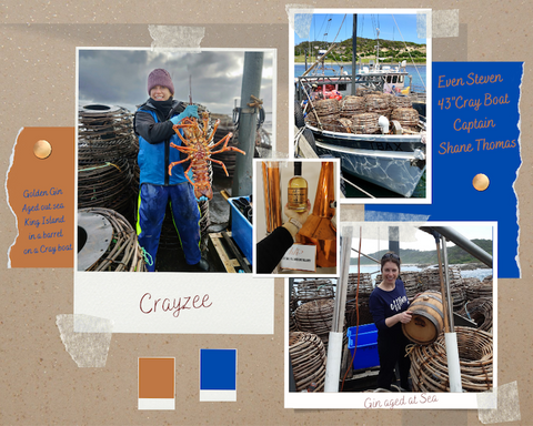 Image description: Heidi, the King Island gin distiller, is aging on the boat where she works as the deckhand. She is holding up a crayfish on the boat.