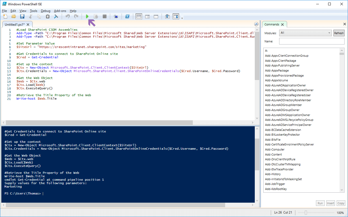 Wie führe ich das PowerShell -Skript in SharePoint online aus?