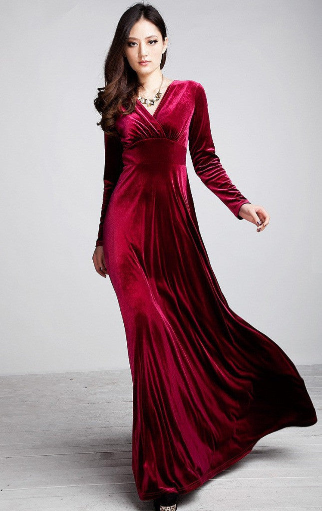 red velvet maxi dress with sleeves