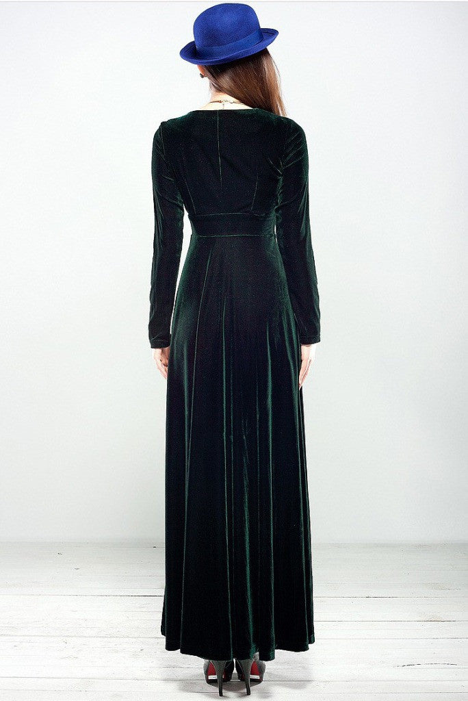 green velvet maxi dress long sleeve