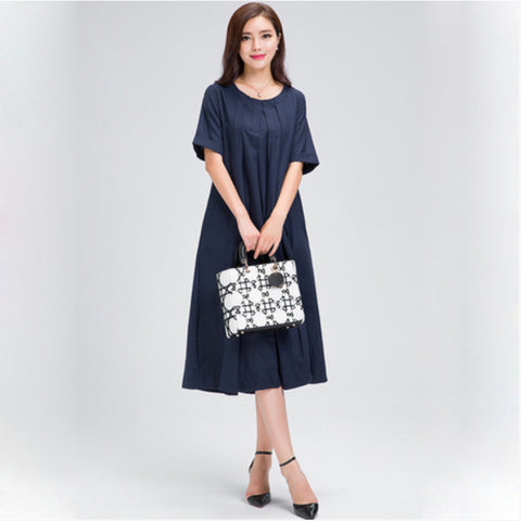 Linen Short Sleeve Dress in Navy Blue – Lily & Co.