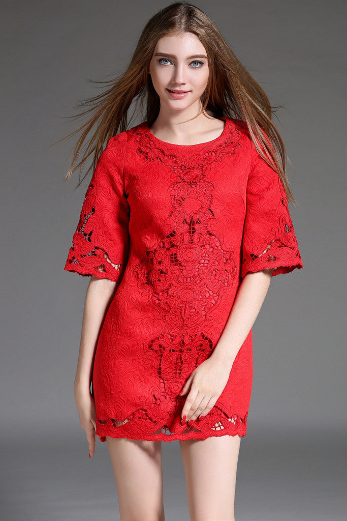 Embroidered Crochet Short Dress in Red – Lily & Co.