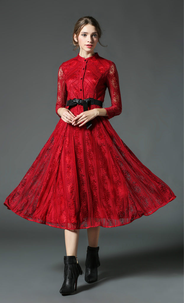 red sleeve midi dress