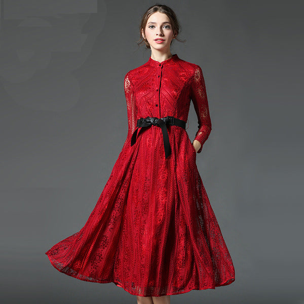 Red Belted Long Sleeve Lace Midi Dress – Lily & Co.