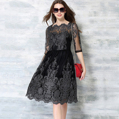 Black Embroidered Half Sleeve Lace Midi Dress – Lily & Co.