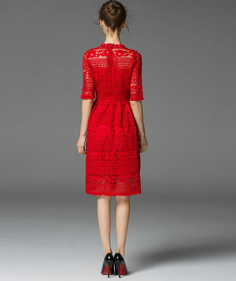 red lace midi dress with sleeves