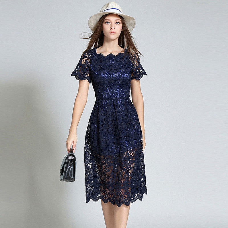 blue lace midi dress with sleeves