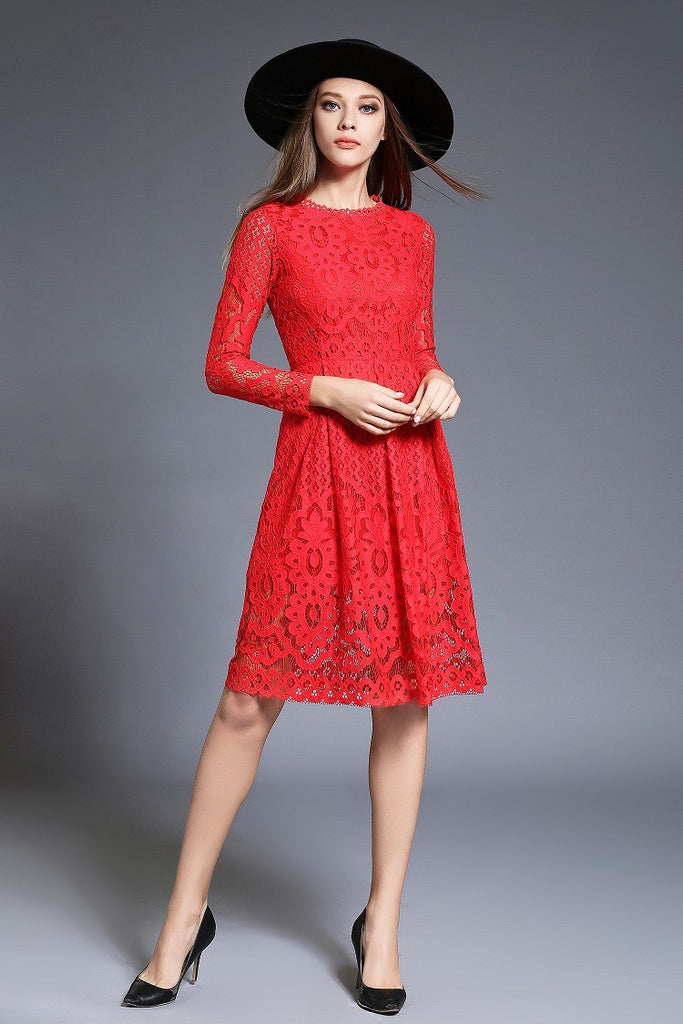 Red Long Sleeve Lace Midi Dress – Lily & Co.