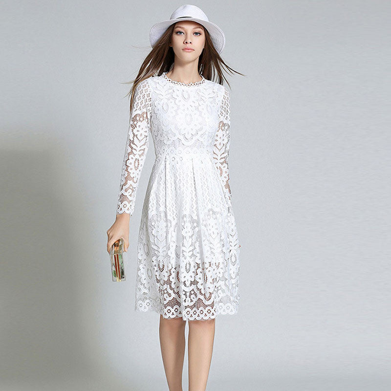 White Long Sleeve Lace Midi Dress 