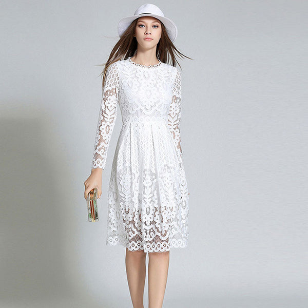 White Long Sleeve Lace Midi Dress – Lily & Co.