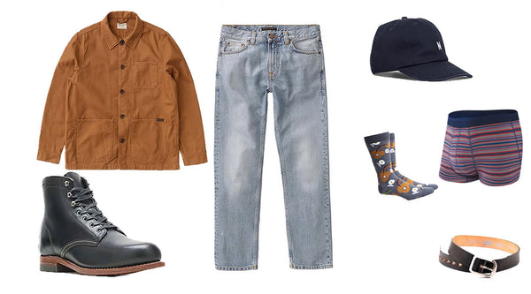 Straight Leg Jean Style Inspiration: Nudie Jeans Gritty Jackson, Nudie Jeans Barney Canvas Overshirt, Wolverine 1000 Mile Original Boot Black, Norse Projects Cap, Saxx Underwear, Richer Poorer Socks