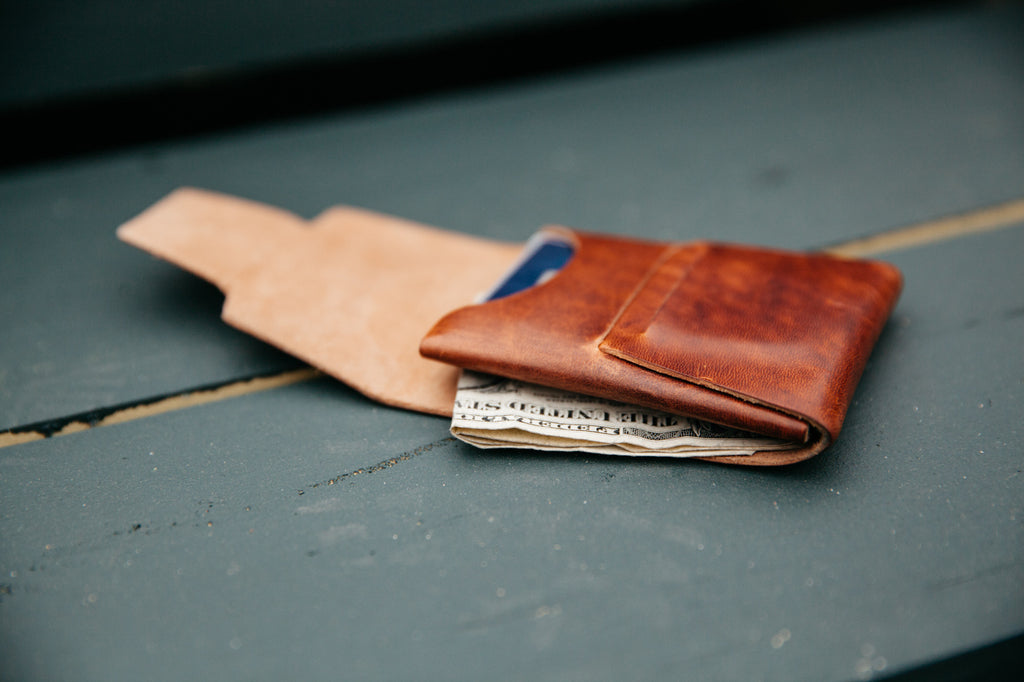 Loyal Stricklin's Johnny Wallet, a minimalist, oragami style wallet for cards and cash made form horween natural dublin leather