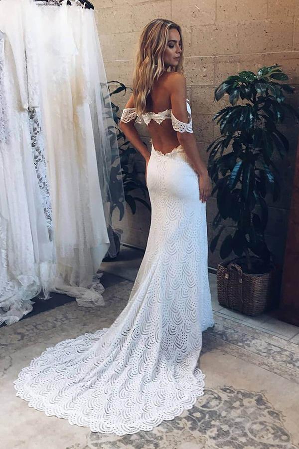 Buy Mermaid Off-the-Shoulder Backless Lace Wedding Dress with Split ...