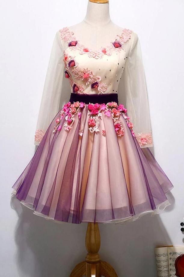 Chic 3D Floral Homecoming Dress Long Sleeve Tulle Short Prom Dress PM0 ...