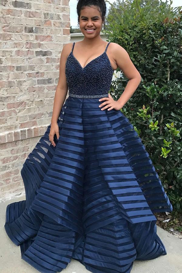 Buy Spaghetti Straps Royal Blue Striped Plus Size Prom Dress with ...