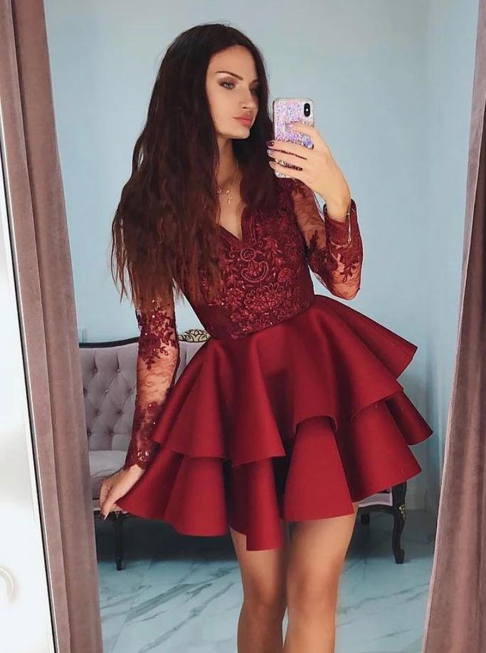 Burgundy Short Homecoming Dresses Short Prom Dress With Sleeves GM18 ...