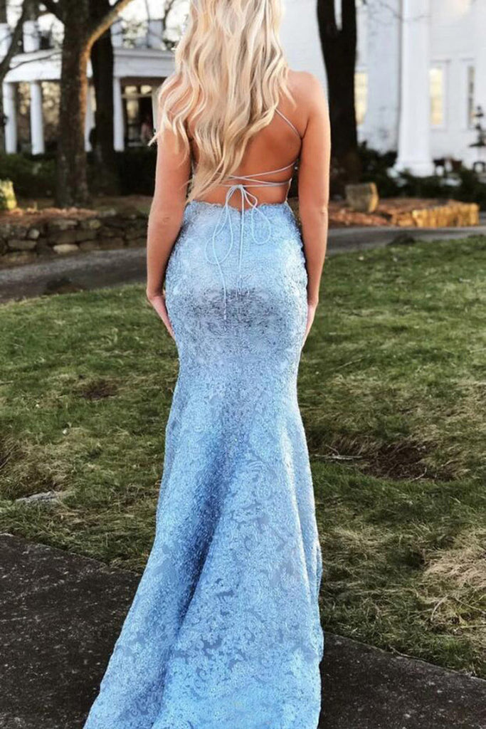 Buy Sky Blue Backless Prom Dress Lace Appliques Mermaid Evening Gown ...
