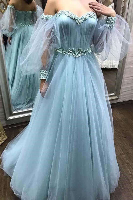 Sweetheart Tulle Long Prom Dress With Detachable Floral Long Sleeves M ...