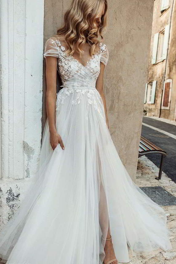 Beautiful White Tulle Wedding Dress, Cap Sleeve Boho Bridal Gown With ...