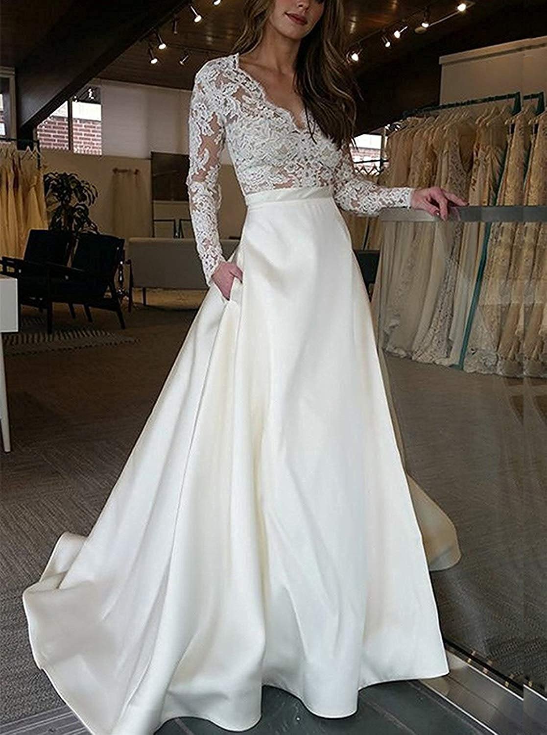 A Line V Neck Lace Long Sleeves Satin Wedding Dress With Pocket Pw268 0151