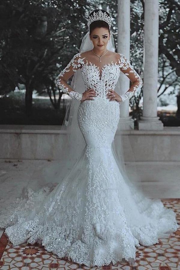 Gorgeous Long Sleeve Lace Wedding Dress Mermaid Vintage Bridal Gownsp 8996