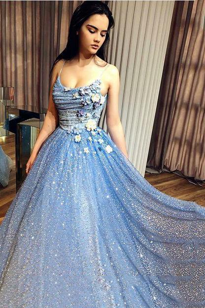 Sparkly Blue Prom Dress A-Line Sequin Formal Gown With 3D Appliques GP ...