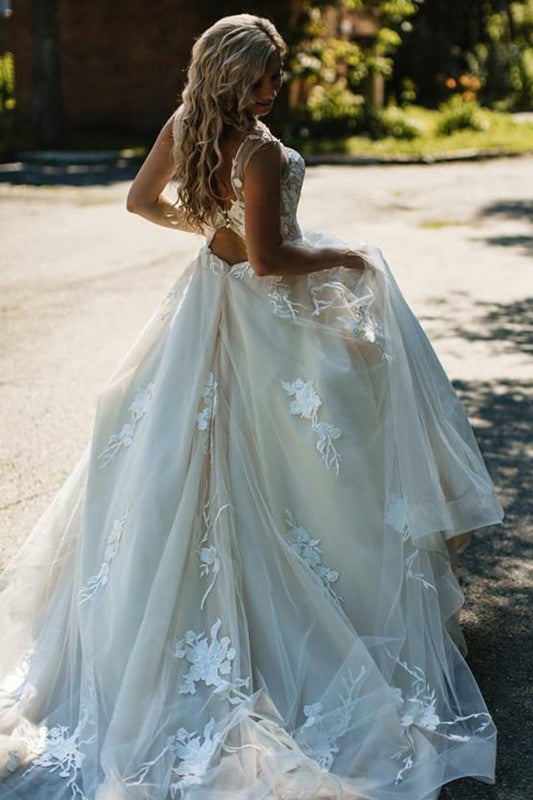 Tulle Open Back Beach Wedding Dresses Lace Applique Princess Bridal Go ...