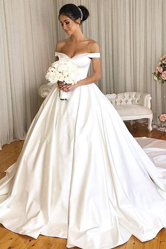 Charming Off Shoulder Simple Satin Ball Gown Wedding Dresses PW364 ...