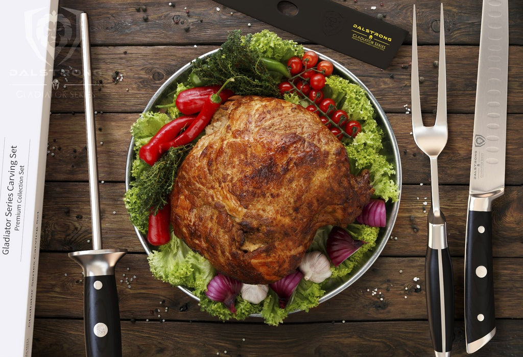perfect roasted turkey with knife, fork, and honing rod