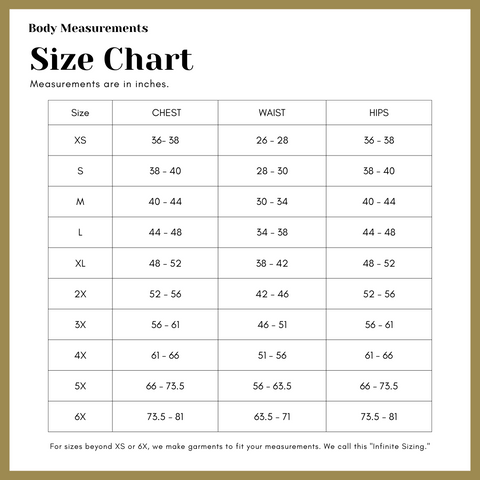 Connally Goods Size Chart, body measurements