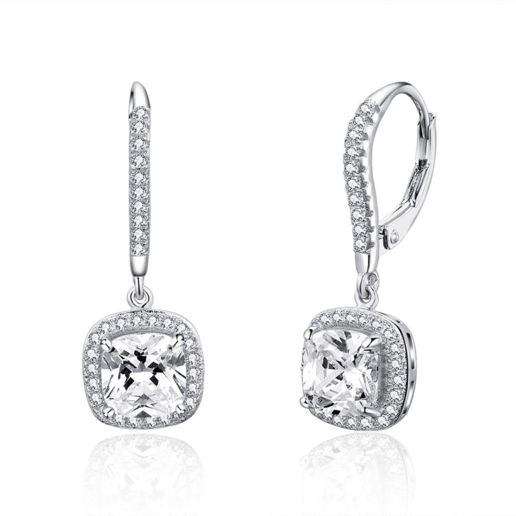 Sterling Silver Zircon Square Geometric Drop Earrings for Women Wedding Jewelry