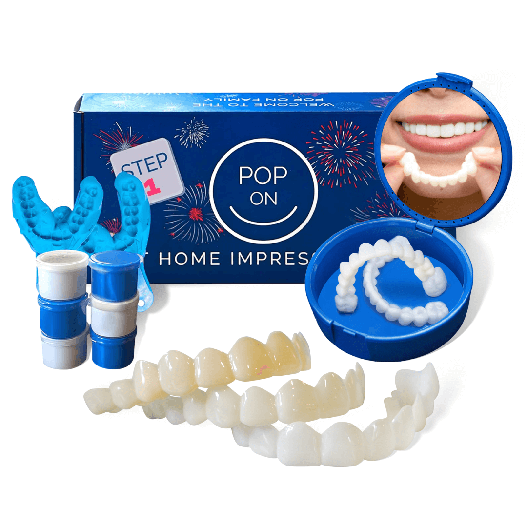 Woman smiling while holding dental impression kit; text reads 'Impression Kit Included.'