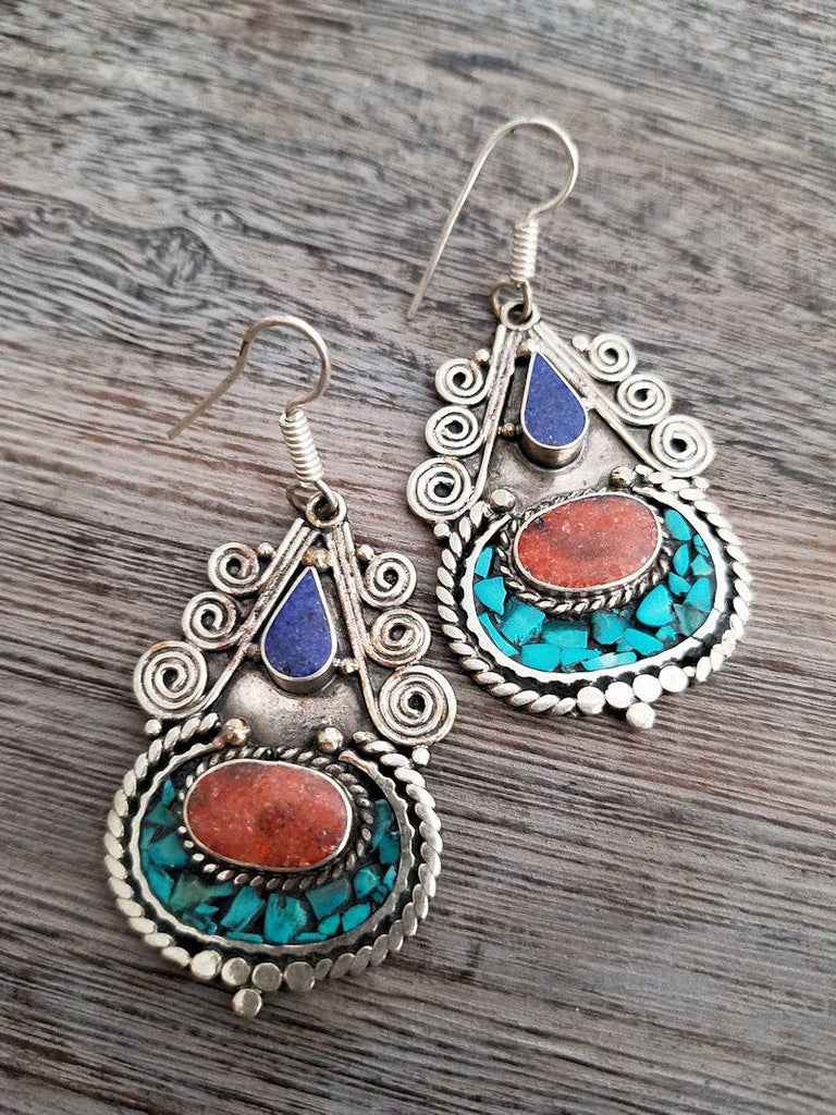 Lapis, Coral and Turquoise Inlay Earrings