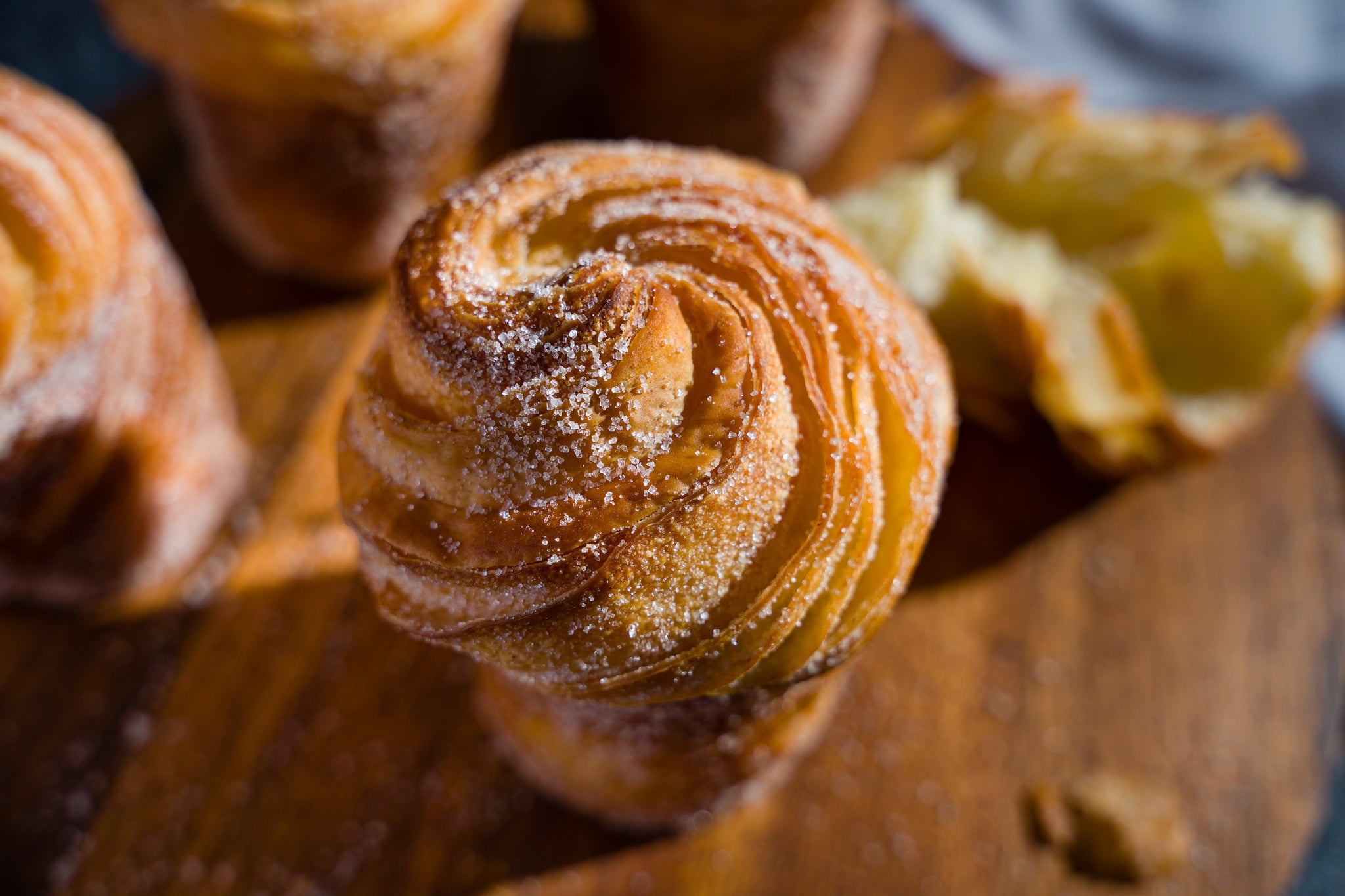 Close up up cruffin on cutting board