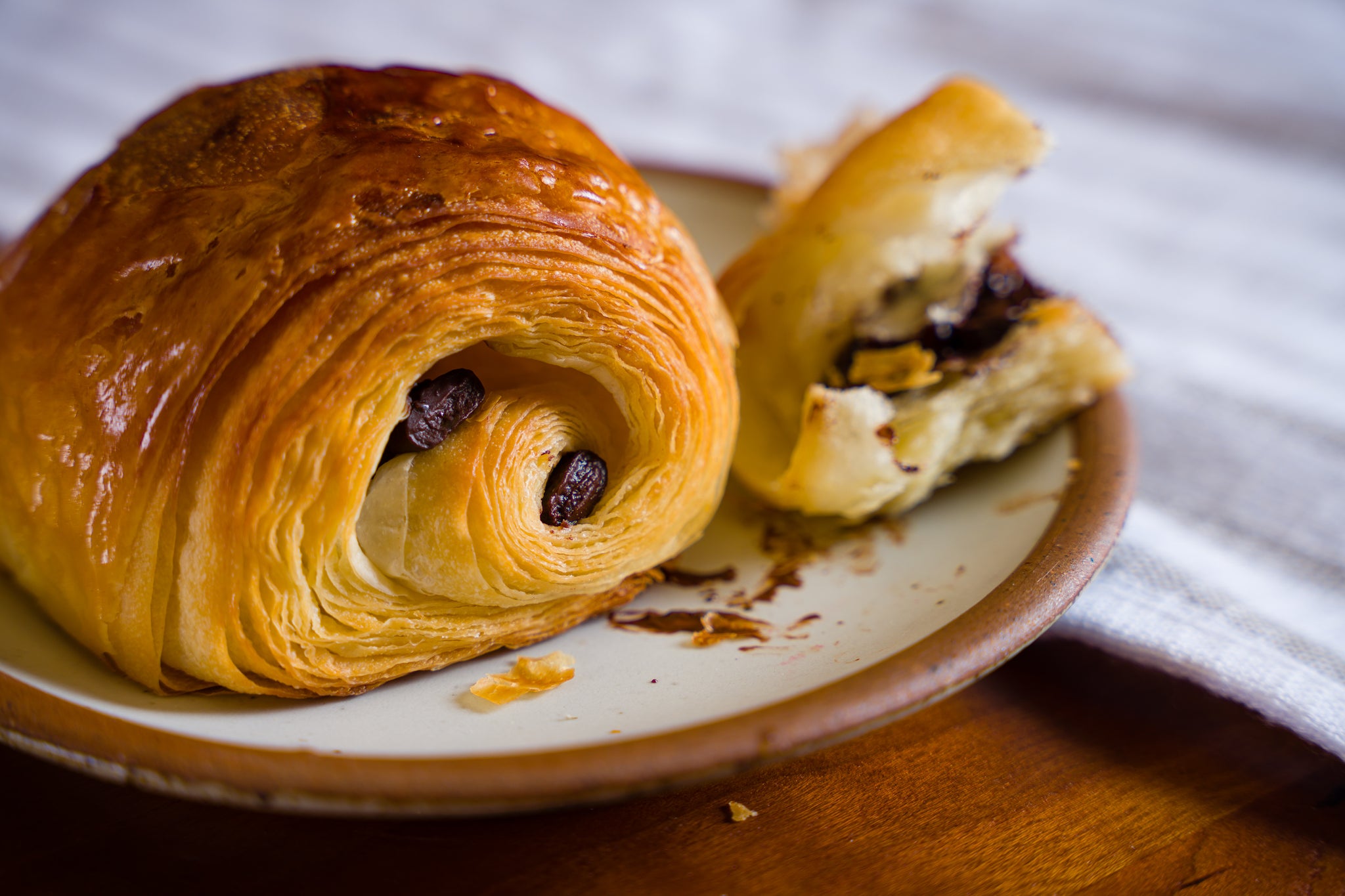 Chocolate croissant on a plate