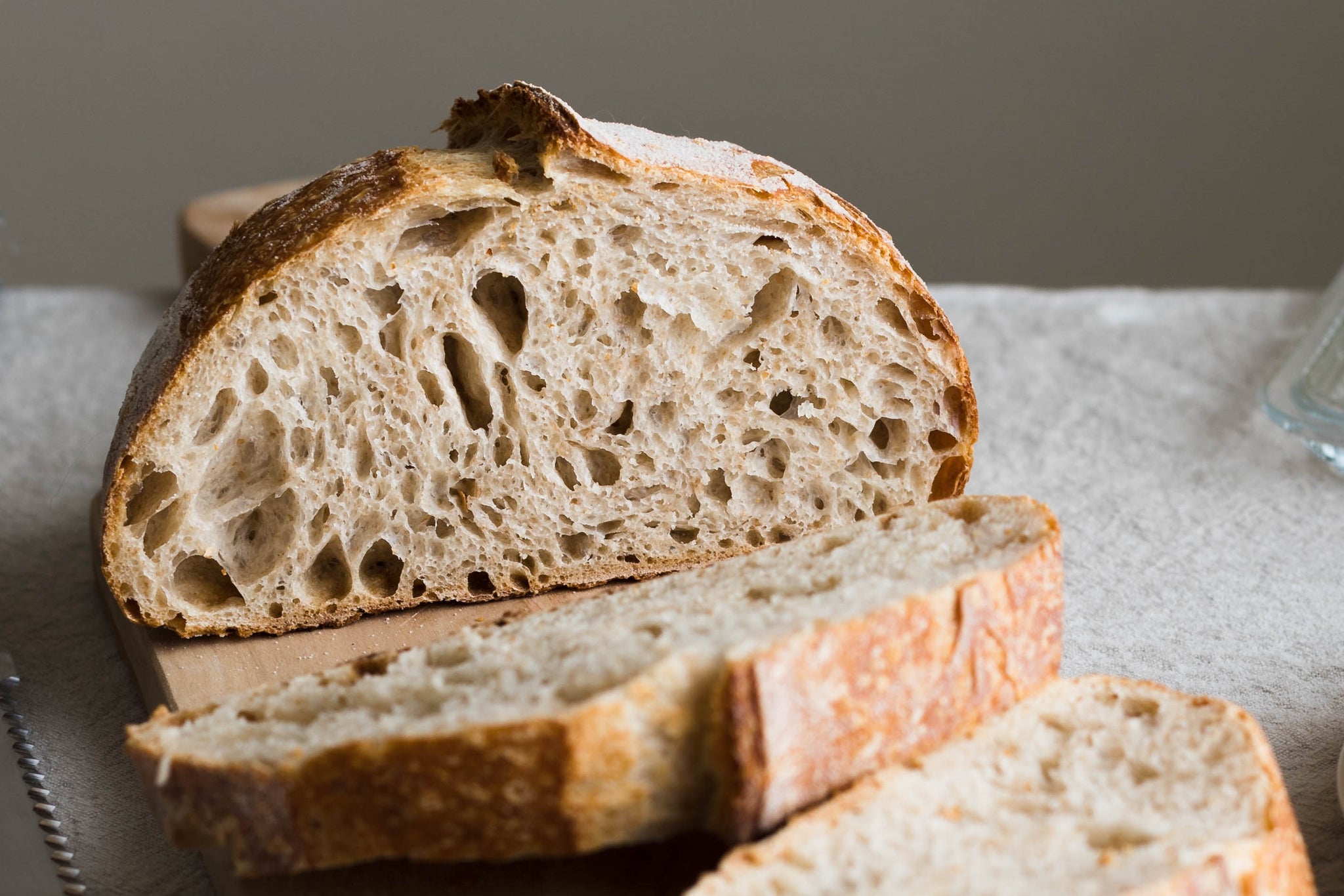 Crumb shot of a half a loaf of sourdough bread